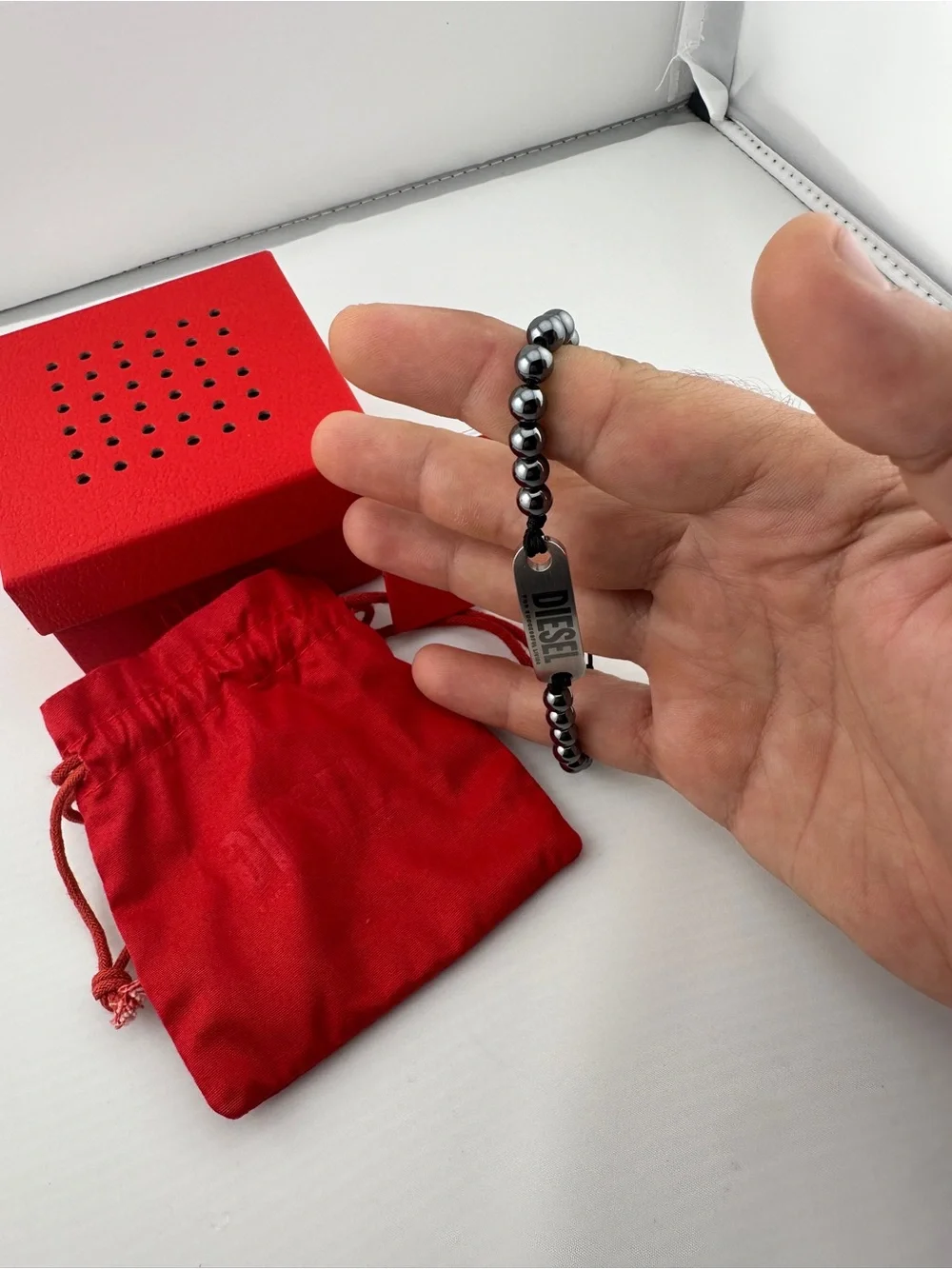 Diesel Hematite Beaded Logo Bracelet with Silver Plate